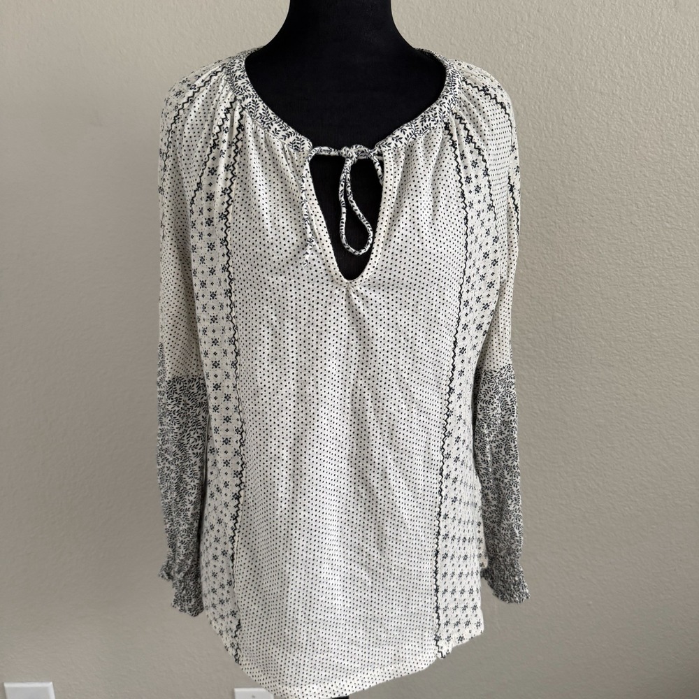 Lucky Brand Women's Medium Top Blouse Boho Embroidered Peasant Tie Front - Picture 8 of 8